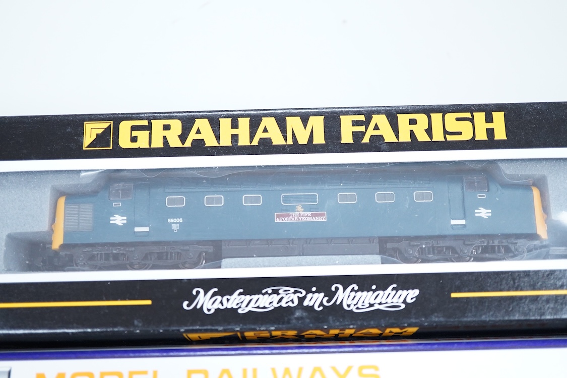 Three boxed Graham Farish and Dapol N gauge railway diesel locomotives; a Mainline class 73, 73133 (ND-021b), a BR class 55, The Fife and Forfar Yeomanry 55006 (371276), and a BR class 47, D1505, (371-231)